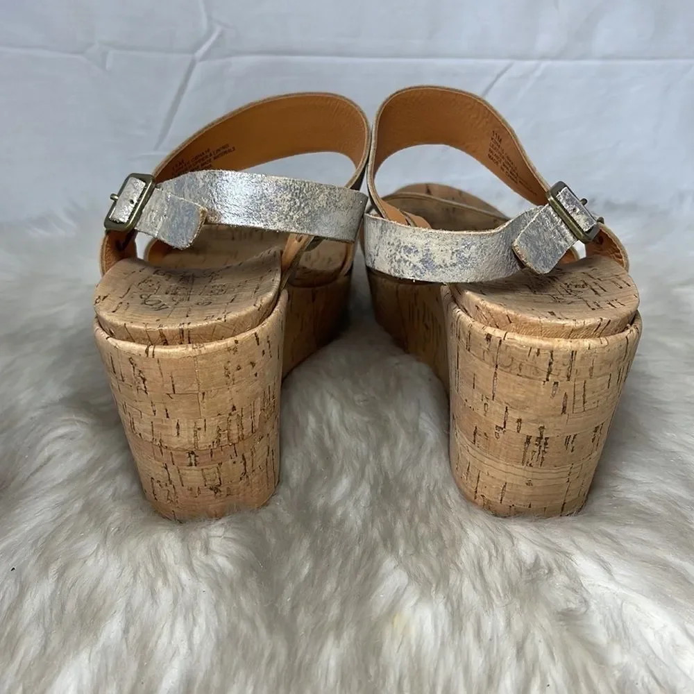 Kork-Ease Silver Crackle Leather Strappy Cork Platform‎ Sandals Sz 11